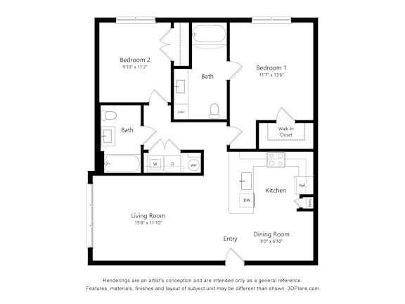 A black and white floor plan of a two bedroom apartment.