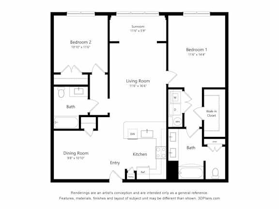 A floor plan of a house with two bedrooms, a living room, a dining room, a kitchen, a bathroom, and a walk-in closet.