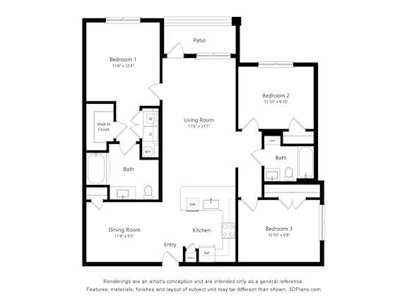 A black and white floor plan of a house with three bedrooms, a living room, a dining room, a kitchen, a bath, a walk-in closet, and a pato.
