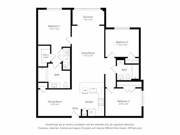 A black and white floor plan of a house with three bedrooms, a living room, a dining room, a kitchen, a bath, and a walk-in closet.