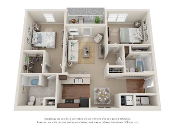 A 3D floor plan of a small apartment with a kitchen, living room, and two bedrooms.