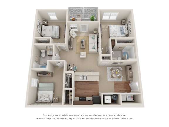 A 3D floor plan of a small apartment with a kitchen, living room, and two bedrooms.