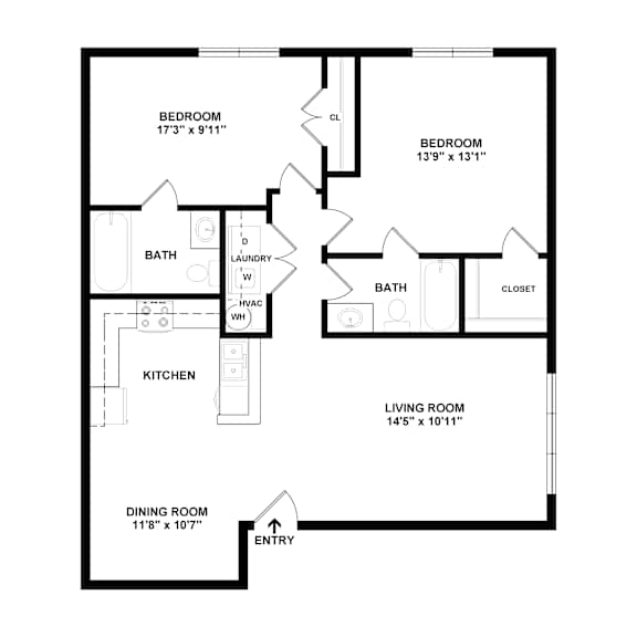 A black and white image of a floor plan for a home with a living room, dining room, kitchen, two bedrooms, two bathrooms, and a closet.