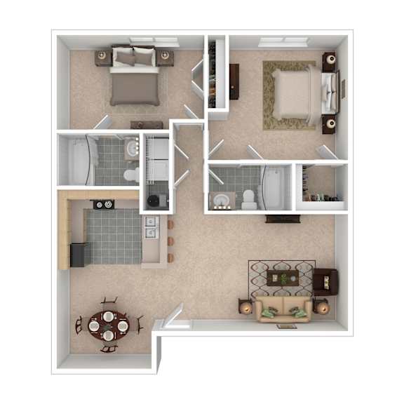 A floor plan of a house with a kitchen, living room, dining area, and bathrooms.