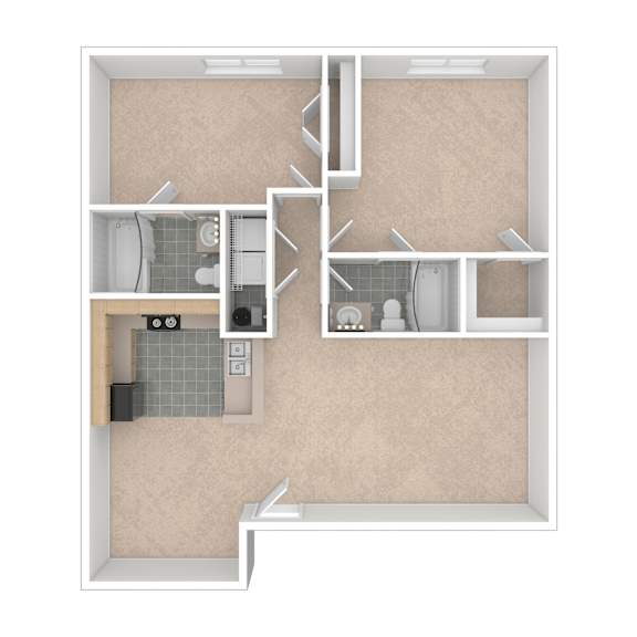 A 3D floor plan of a small apartment with a kitchen, living room, and two bathrooms.