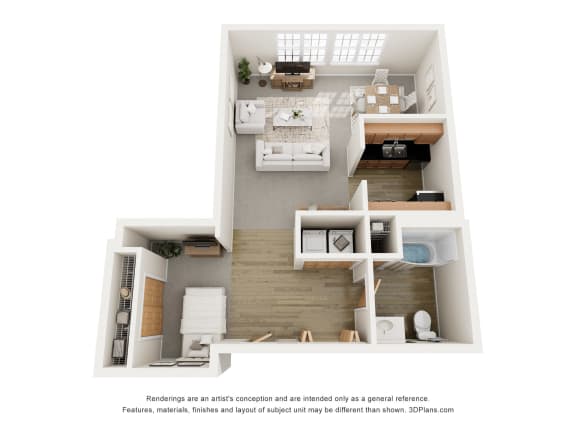 a stylized floor plan with a bedroom and a bathroom
