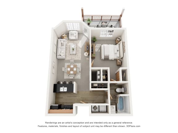 a stylized floor plan of a 1 bedroom apartment