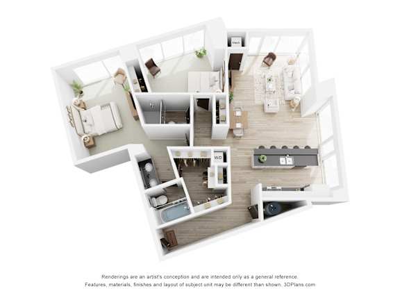 A 3D floor plan of a house with a kitchen, living room, and two bedrooms.