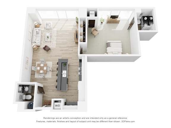 A 3D floor plan of a house with a kitchen, living room, dining room, and bathroom.