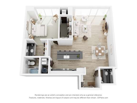 A floor plan of a modern apartment with a kitchen, living room, and two bedrooms.