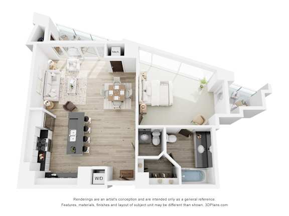 A 3D floor plan of a house with a kitchen, living room, and bathroom.