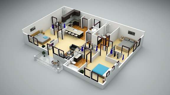 A 3D rendered image of a small apartment layout.