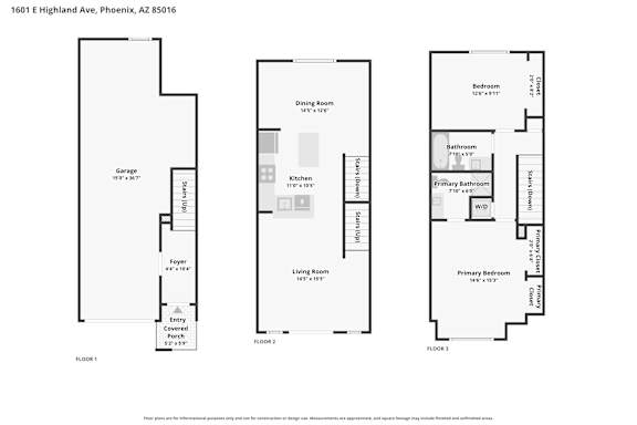 Floor plans for a three bedroom, two bathroom apartment.