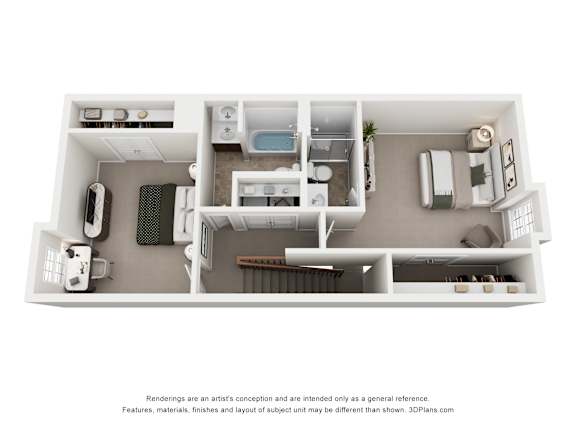 A 3D floor plan of a small apartment with a kitchen, living room, and bathroom.
