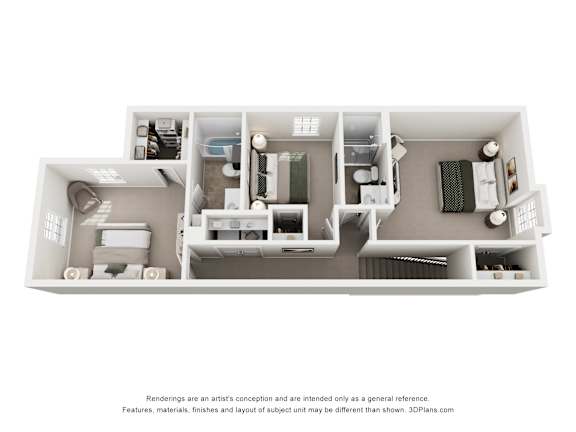 A 3D image of a house layout with a kitchen, living room, and two bedrooms.