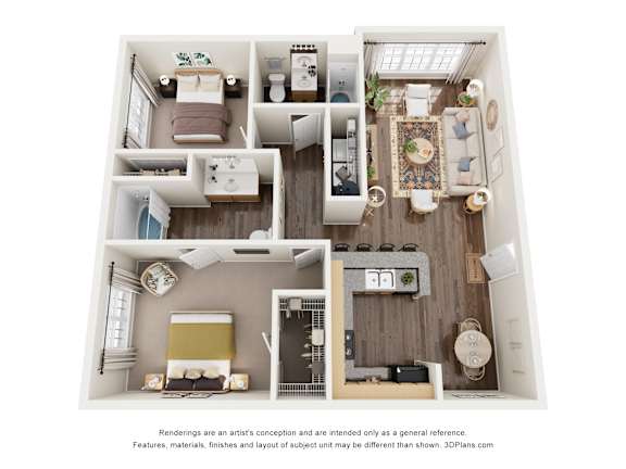 A 3D floor plan of a small apartment with a kitchen, living room, and bedroom.