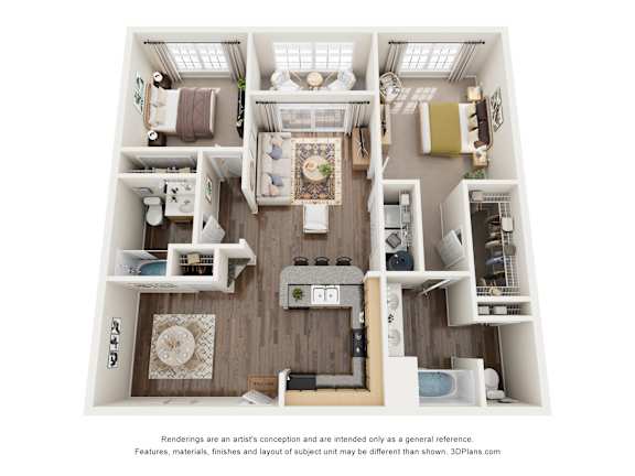 A 3D floor plan of a small apartment with a kitchen, living room, and bathroom.
