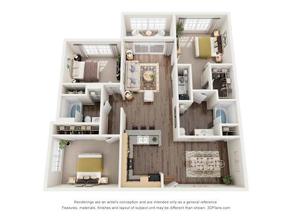 A 3D floor plan of a small apartment with a kitchen, living room, and two bedrooms.