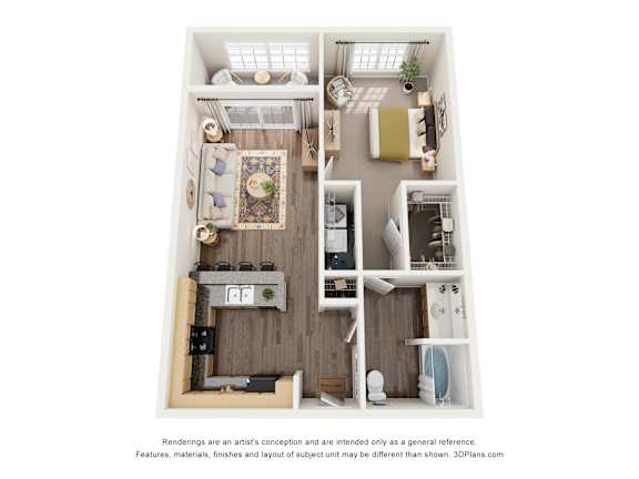 A 3D floor plan of a small apartment with a kitchen, living room, and bathroom.
