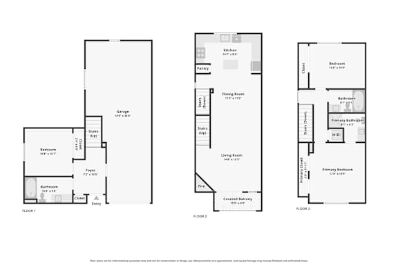 Three floor plans for a house with a garage, living room, and bathroom.