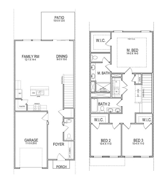 A floor plan of a house with a garage, two bedrooms, a living room, a dining room, a family room, a patio, a foyer, a bathroom, and a porch.