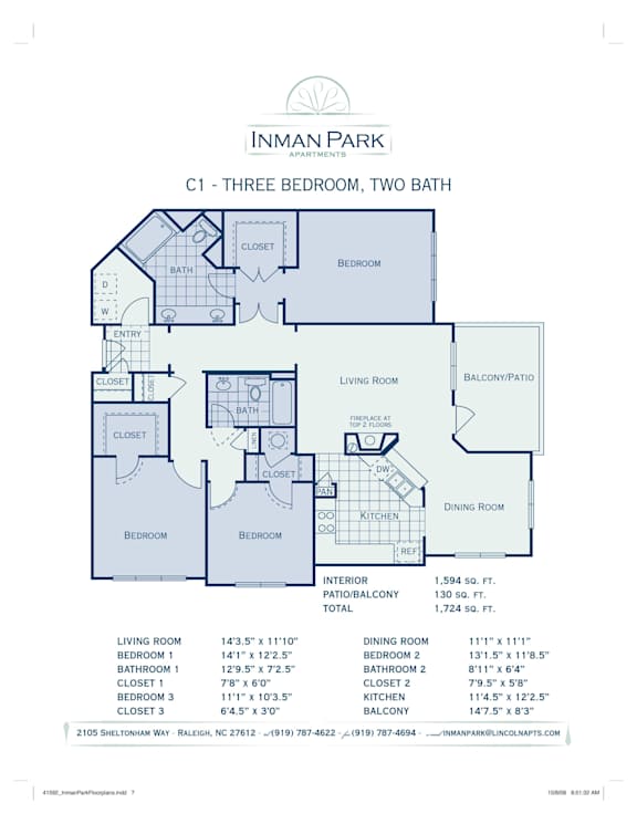 A blueprint of apartment C1 with three bedrooms and two bathrooms.