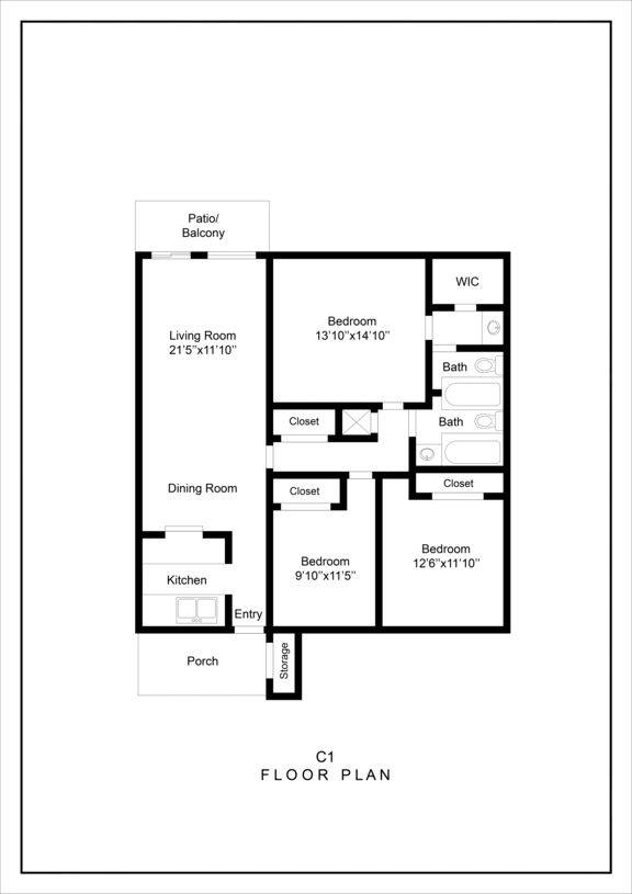 A floor plan of a house with a living room, dining room, kitchen, and two bathrooms.