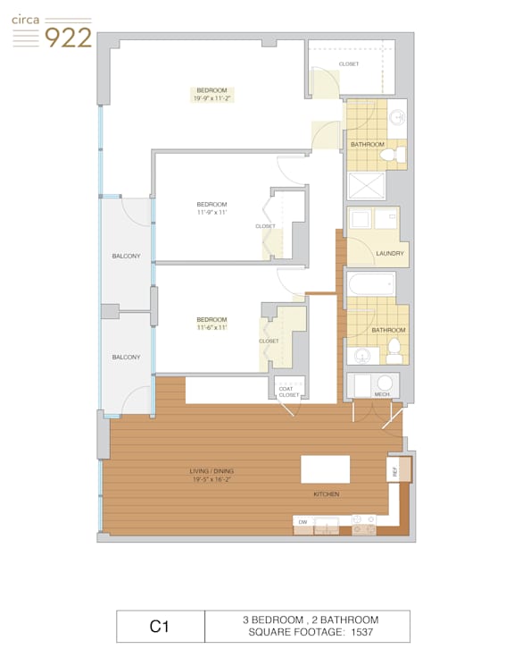 A floor plan of a property with three bedrooms and two bathrooms.