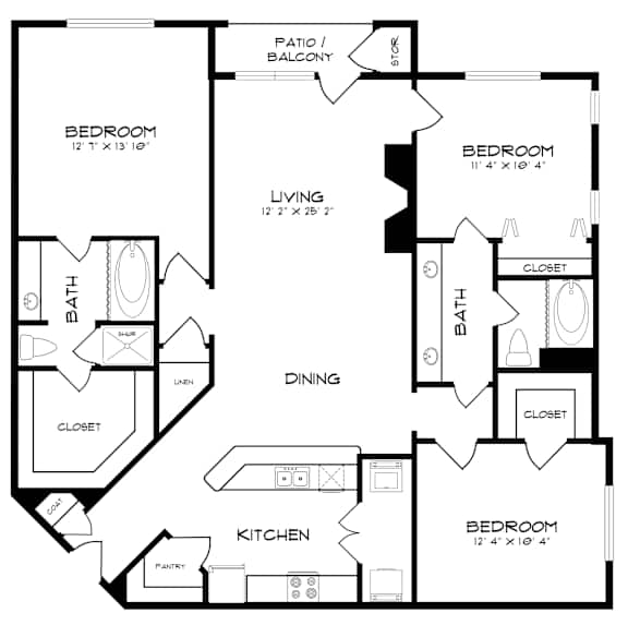A black and white image of a house floor plan with a living room, kitchen, dining room, and two bedrooms.