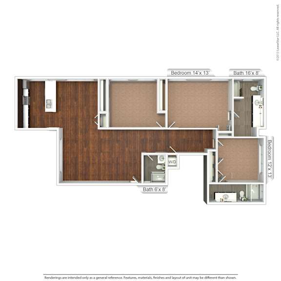 A floor plan of a small apartment with a bedroom, bathroom, and kitchen.