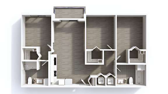 A 3D architectural model of a building with multiple floors and rooms.