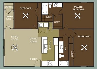 A floor plan of a home with three bedrooms and a living area.