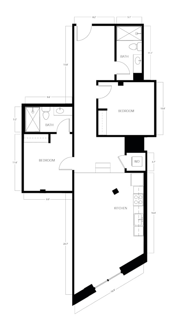 A floor plan of a house with a kitchen, two bathrooms, and two bedrooms.