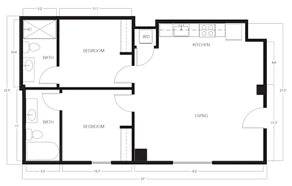 A black and white floor plan of a house with two bedrooms, a bathroom, a kitchen, and a living room.
