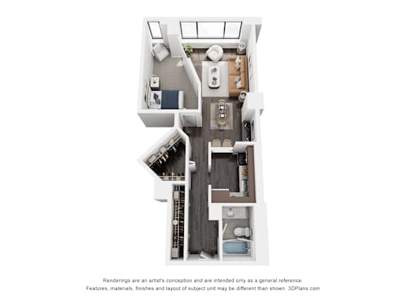A 3D floor plan of a small apartment with a kitchen, living room, and bathroom.
