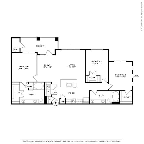 A black and white image of a floor plan for a home with a balcony, three bedrooms, a living room, a dining room, a kitchen, a bathroom, a linen closet, and a utility closet.