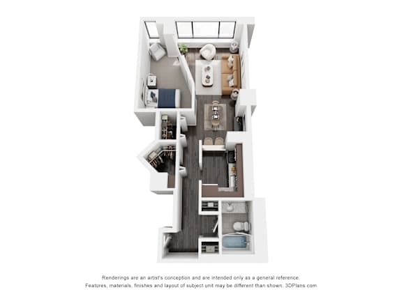 A 3D floor plan of a small apartment with a kitchen, living room, and bathroom.