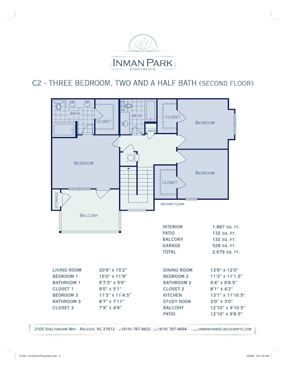 A floor plan for a three bedroom, two bathroom apartment.