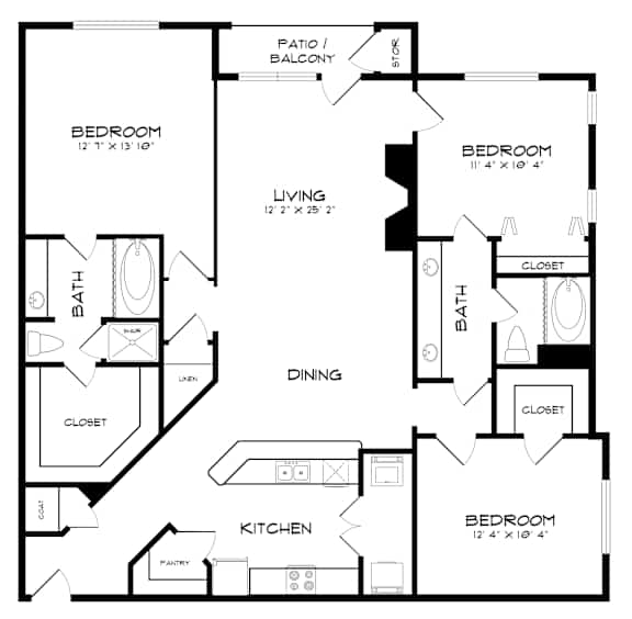 A black and white image of a house floor plan with a living room, kitchen, dining room, and four bedrooms.