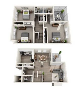 A top-down view of a two-story apartment with a living room, kitchen, and bedrooms.