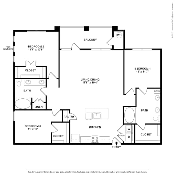 A floor plan of a home with three bedrooms, a living area, a kitchen, a pantry, and two bathrooms.