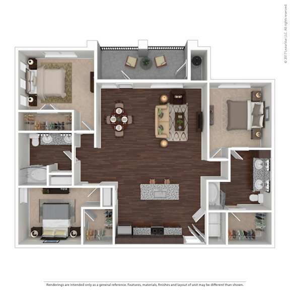 A floor plan of a house with a living room, dining room, kitchen, and multiple bathrooms.