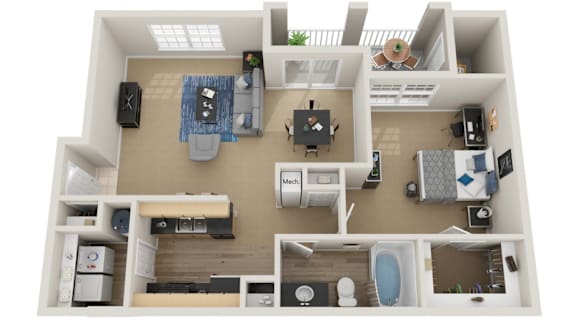 A top-down view of a small apartment with a kitchen, living room, and bathroom.