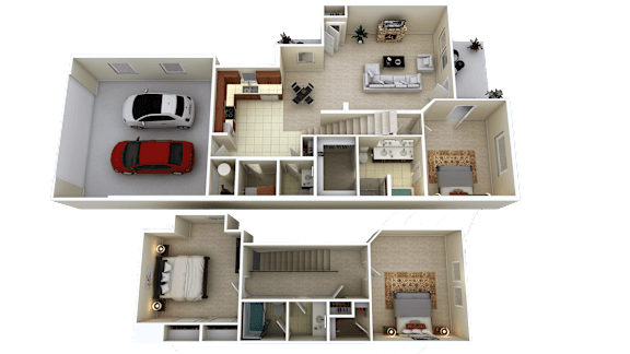 A 3D floor plan of a house with two bedrooms, a living room, a kitchen, and a garage.