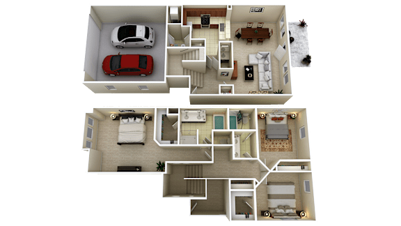 A top-down view of a two-story house with a car parked in the garage.