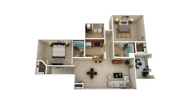 A 3D rendered image of a house layout.