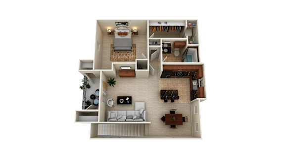 A 3D rendered image of a house layout.