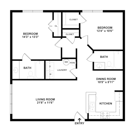 A black and white image of a floor plan for a home with a living room, dining room, kitchen, two bedrooms, and two bathrooms.