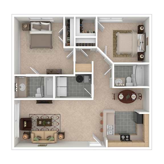 A top-down view of a small apartment layout with a living room, kitchen, and bathroom.
