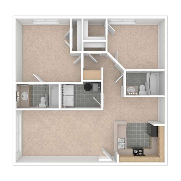 A 3D floor plan of a small apartment with a kitchen, living room, and bathroom.